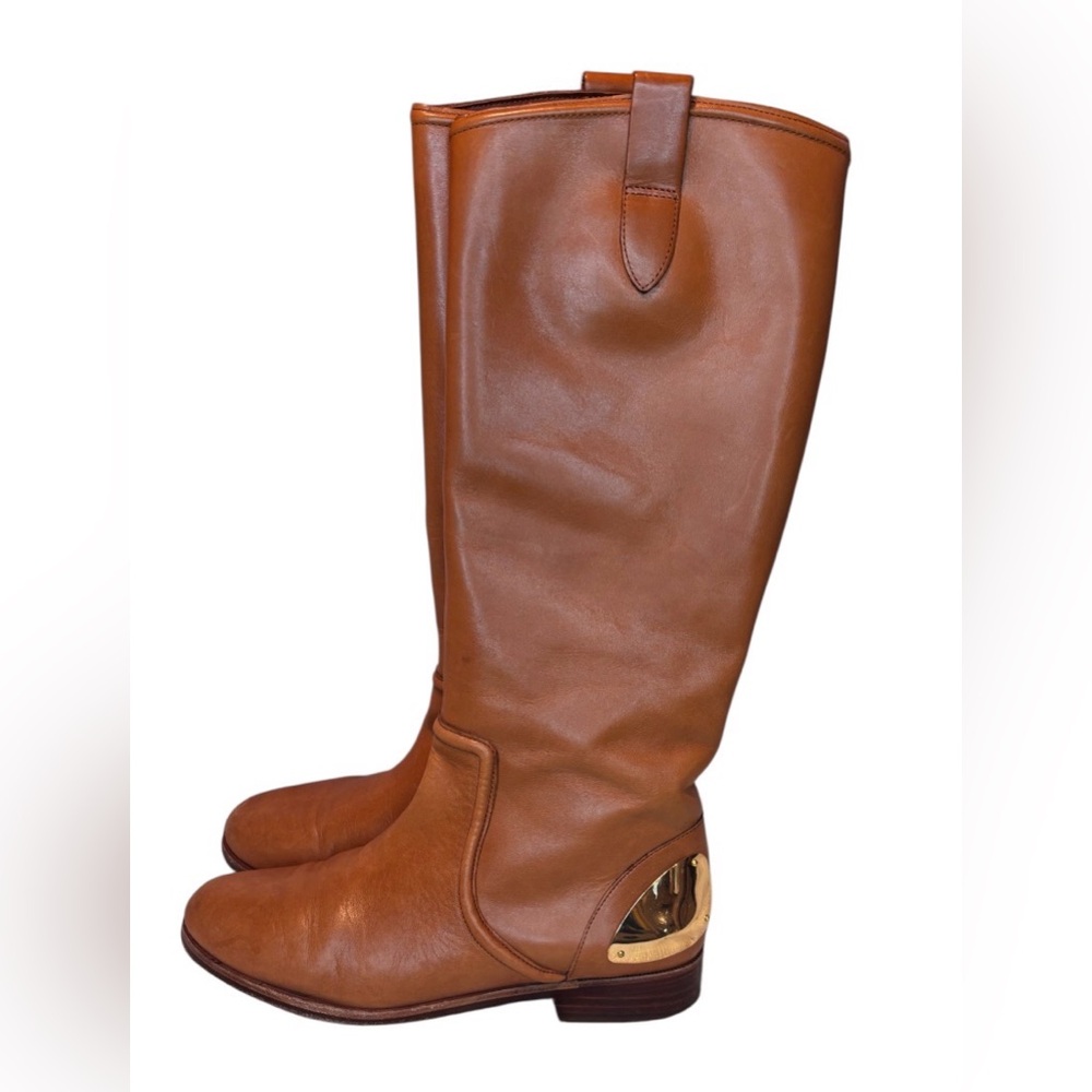 Lauren Ralph Lauren Tall Leather Riding Boots Gold Heel Accent - Brown Size 7B